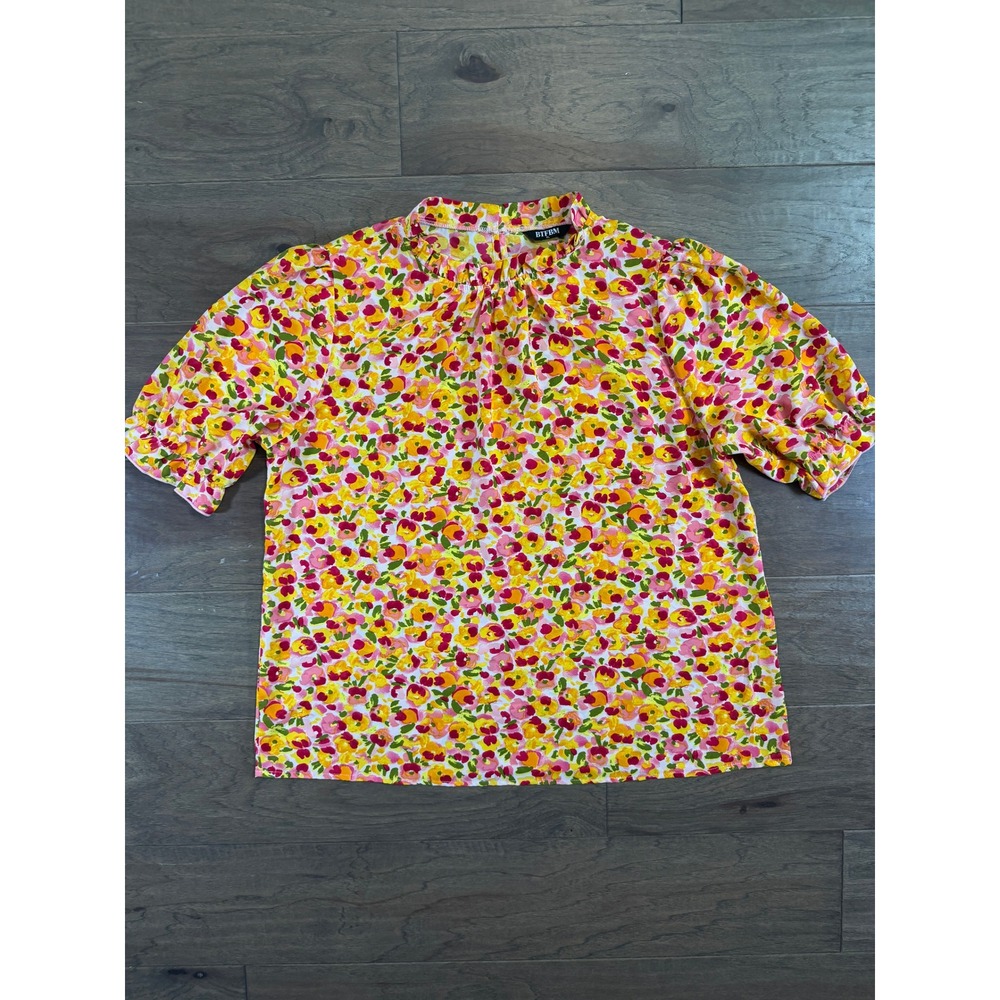 Colorful Floral Puff-Sleeve Blouse - Pink & Yellow